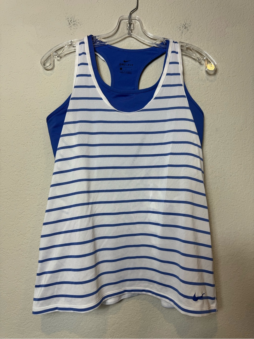 Nike White & Blue Striped Racerback Tank Top with attached Sports Bra Gym size L